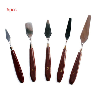 5pcs Wooden Painting Handle Paint Pallette Knives Spatula Stainless Steel Blade New